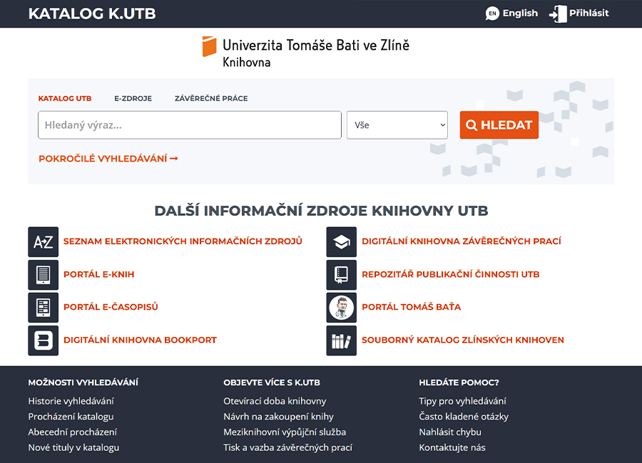 Portfolio web katalog Knihovny UTB ve Zlíně